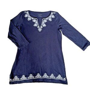 TALBOTS Women's V-Neck Cotton Tunic Size S Embroidered Trim Navy Lagenlook EUC!